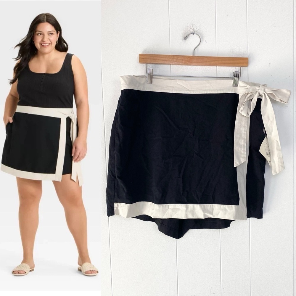 Ava & Viv Black‎ Mini Wrap Skort Black Beige Tie Waist NWT Size 1X Cotton Rayon